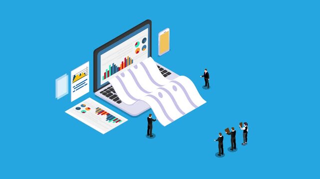 Data Analysis and Financial Auditing Concept with Business Team Reviewing Large Document from Laptop 3d animation cartoon