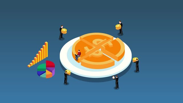 Business Finance Concept with Professionals Managing Wealth, Investment Growth, and Profit Sharing 3d animation cartoon