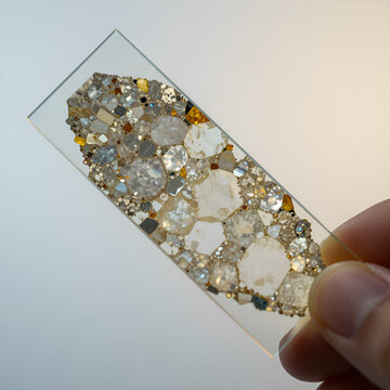 A close-up of a geode with various minerals and crystals in a glass frame. Petrographic thin section glass slide macro.