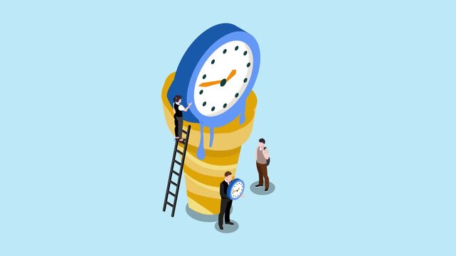 Ice Cream Cone with Melting Clock Face and Business People Time Management 3d animation cartoon