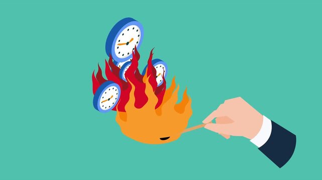 Hand Lighting Clocks on Fire with a Match Representing Time Pressure and Deadlines 3d animation cartoon