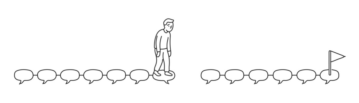 話し途中で言葉を忘れ、頭が真っ白になった男性と途切れた吹き出しの道のイラスト｜チャコールブラックの線画で描かれたスノーホワイト背景