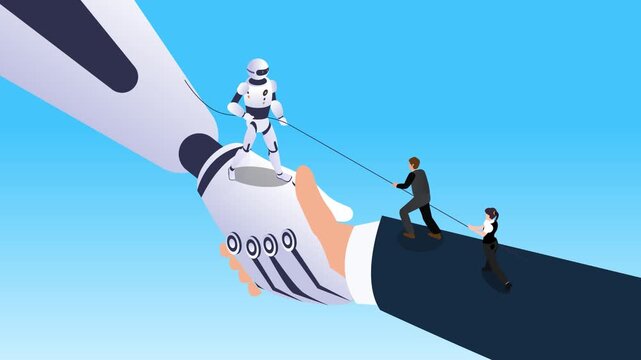 Human and AI Collaboration Concept: People Guiding Robot on a Giant Handshake Representing Future Partnership and Technological Innovation 3d animation cartoon