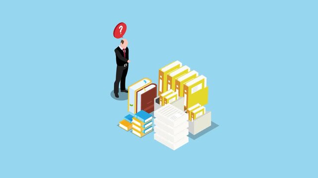 Confused Businessman Overwhelmed by Pile of Paperwork and Office Documents 3d animation cartoon