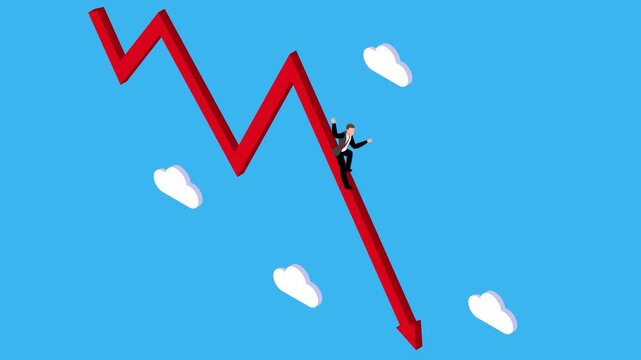 Businessman Sliding Down Falling Stock Market Graph Arrow 3d animation cartoon