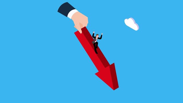Giant Hand Pushing Down Red Arrow with Businessman Falling 3d animation cartoon