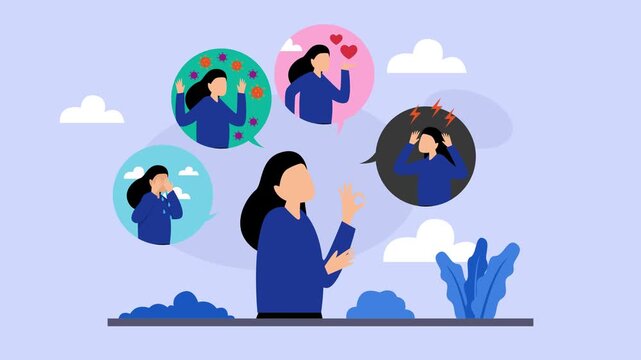 Woman Managing Mixed Emotions and Mental Health States cartoon animation