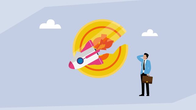 Businessman Looking at Broken Dollar Coin Impacted by Rocket Flight cartoon animation