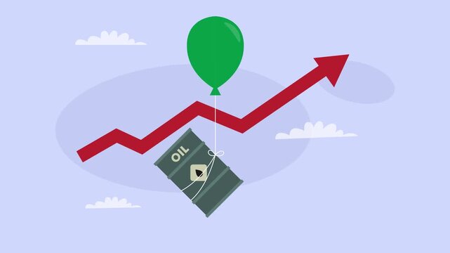 Rising Oil Prices and Energy Inflation Concept with Oil Barrel Floating Upwards Tied to a Green Balloon cartoon animation
