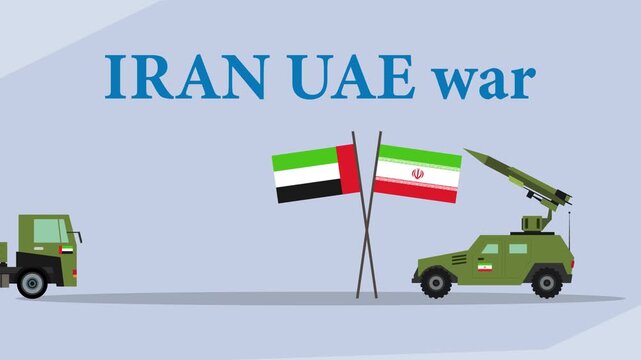 Iran and UAE Conflict with Military Missile Launchers and National Flags cartoon animation