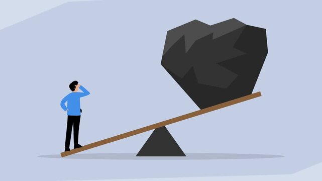 Businessman Balancing Large Heavy Rock on Seesaw Lever cartoon animation