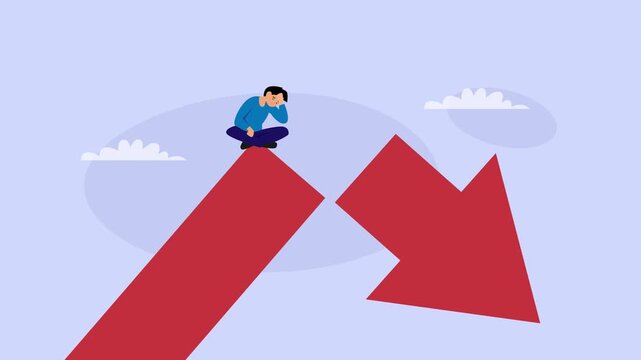 Depressed Businessman Sitting on Broken Red Arrow Representing Financial Failure and Economic Recession cartoon animation