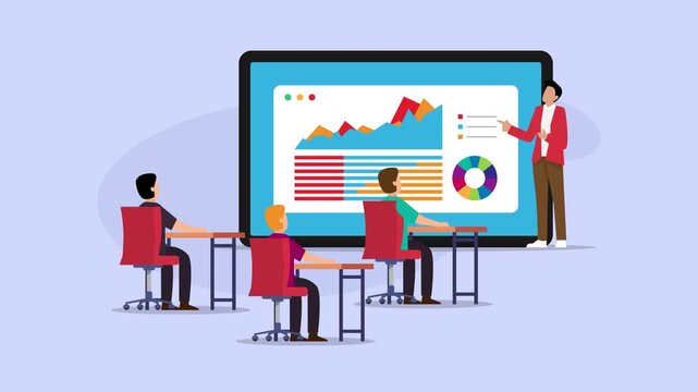 Businessman Giving a Financial Presentation on a Large Screen to Colleagues in a Modern Office Meeting cartoon animation
