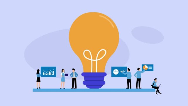 Business Team Analyzing Data and Brainstorming Creative Ideas Around a Giant Light Bulb cartoon animation