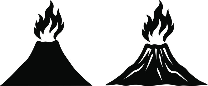 Two stylized black silhouette illustrations of volcanic eruptions with lava and ash plumes