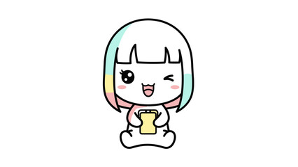Fototapeta premium Cute kawaii girl, colorful hair, smiling face, cartoon character, vector illustration