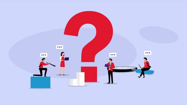 Business Team Solving Problems and Finding Answers Around a Giant Question Mark cartoon animation