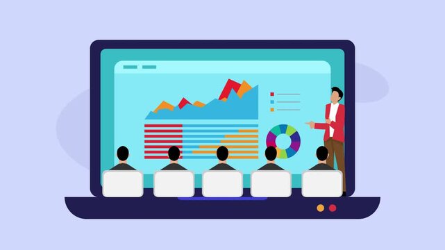 Online Business Presentation and Data Analysis Seminar on Laptop Screen cartoon animation