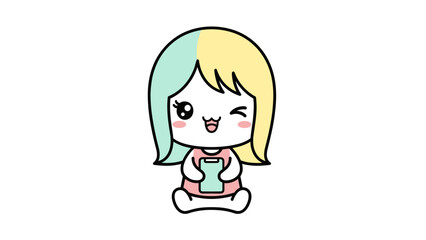 Fototapeta premium Cute cartoon girl, pastel hair, winking face, colorful illustration, vector character