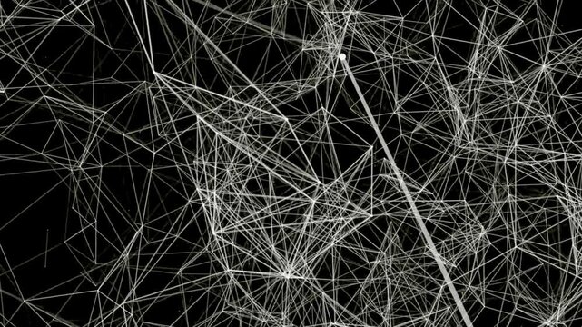 Minimalist geometric background with rotating 3D wireframe mesh and constellation points for corporate presentations and modern motion graphics.
