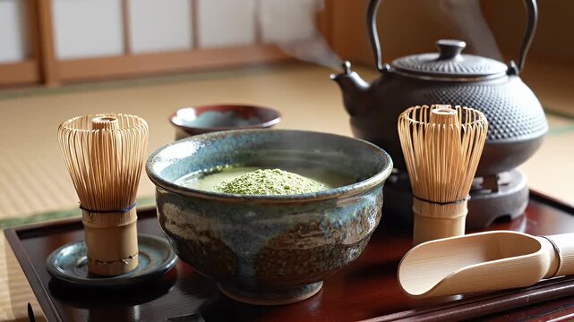 Matcha green tea in bowl with bamboo whisk and cast iron teapot for japanese ceremony