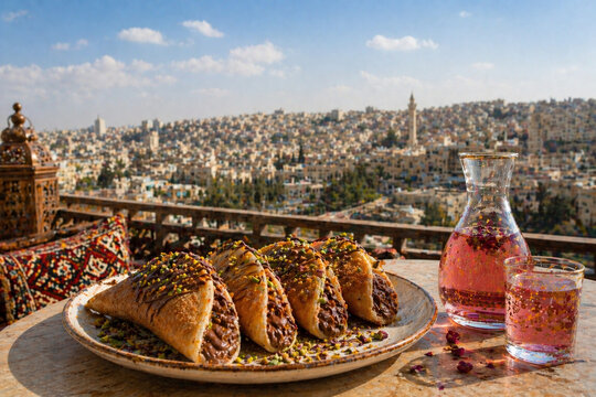 Chocolate Qatayef with Rose Drink on Elegant Arabic Rooftop Overlooking Amman Cityscape Under Clear Daylight Sky