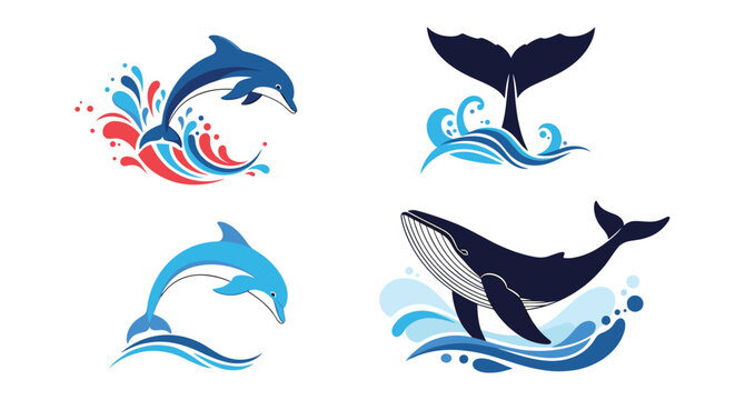 Set of four stylized aquatic animal logos featuring dolphins jumping and whales swimming through ocean waves and splashes.