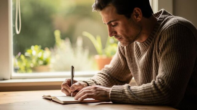 Focused man writing in journal at wooden table near window with plants and natural light