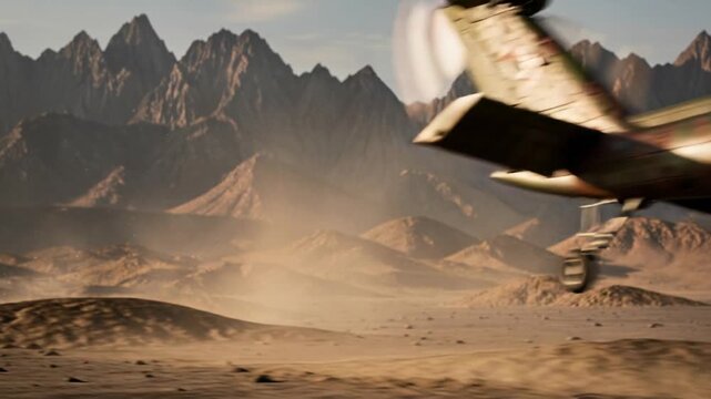Military attack helicopter flying over desert landscape with mountains in background