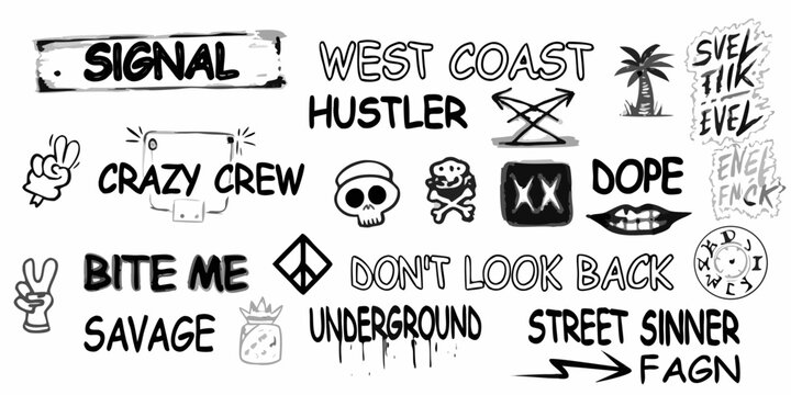 Collection of hand drawn street art style doodles and typography