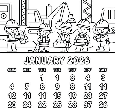 January 2026 construction site calendar coloring page for kids