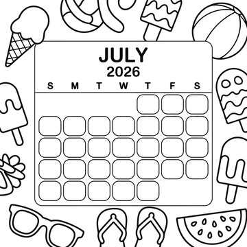 July 2026 calendar page with summer themed coloring book outlines