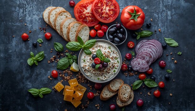 Delicious and healthy food arrangement with hummus, bread, tomatoes, and fresh vegetables on a dark background, perfect for snacking or meal prep.