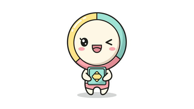 Kawaii pie chart character holding a tablet, cute data visualization mascot vector, happy financial infographic personification in pastel colors