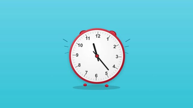 Cute cartoon red alarm clock ringing flat icon animation on vibrant teal background