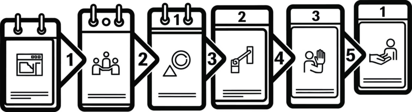 Business Process Steps Iconography: Planning, Meeting, Analysis, Action, Completion
