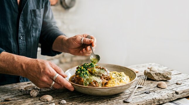 Chef finishing Italian osso buco with gremolata over creamy polenta in rustic setting with plated comfort food