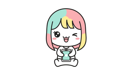 Fototapeta premium Kawaii business woman vector character, cute chibi girl in pink suit holding IOT tablet, professional female mascot with mint hair and winking expression