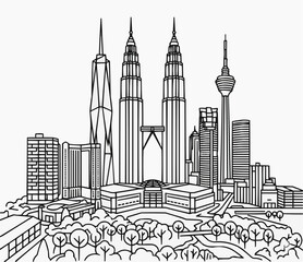 Fototapeta premium Kuala Lumpur city skyline architectural line art illustration, Malaysia landmark buildings vector