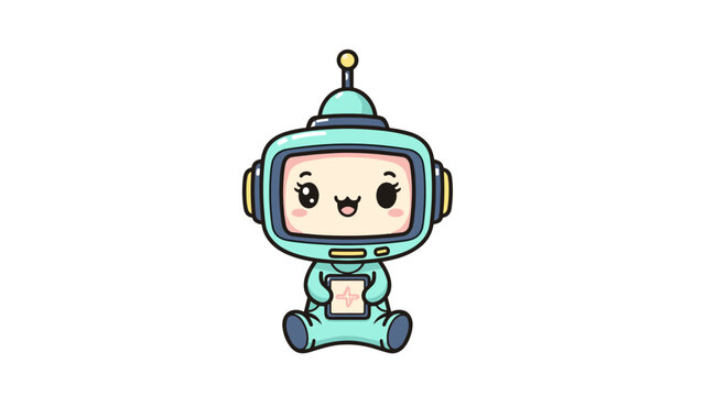 Kawaii business woman vector character, cute chibi girl in pink suit holding IOT tablet, professional female mascot with mint hair and winking expression
