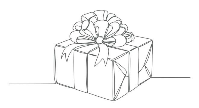 Wrapped gift box with ribbon bow line art drawing