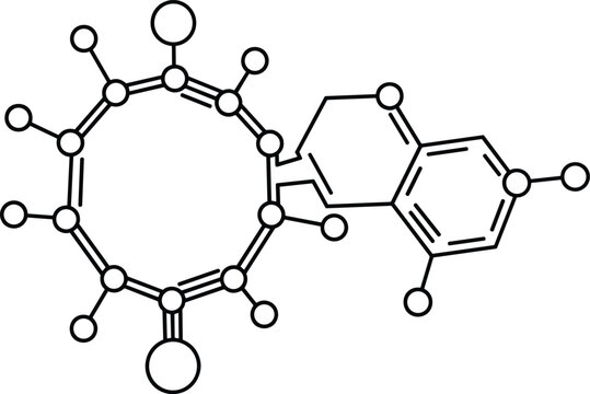 Modern minimalist chemical molecule structure icon of tetrahydrocannabinol THC for science education biotechnology research laboratory medical cannabis legal pharmacology and biochemistry.