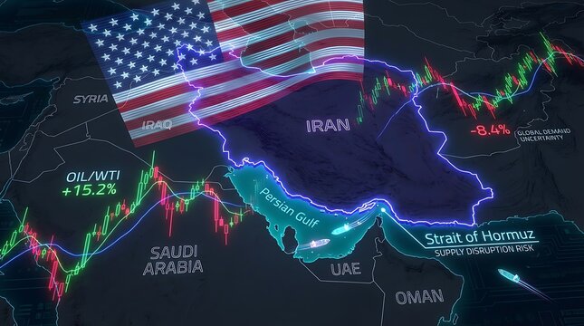 Glow neon map of persian gulf region depicting strait of hormuz shipping lanes and energy supply disruption risks with stock market line graphs and iranian border highlight graphic.