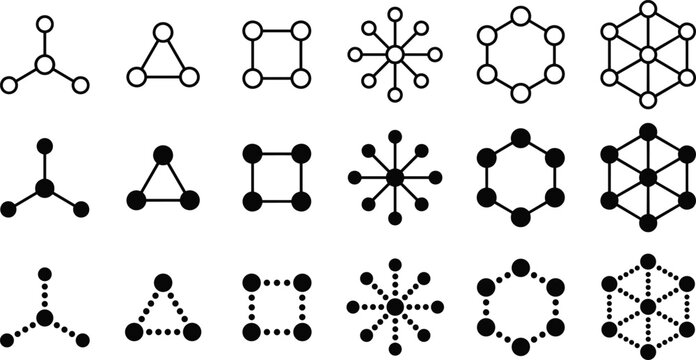 Set of geometric network connection icons, abstract data structure nodes, minimalist communication symbols, digital web link elements for technology design