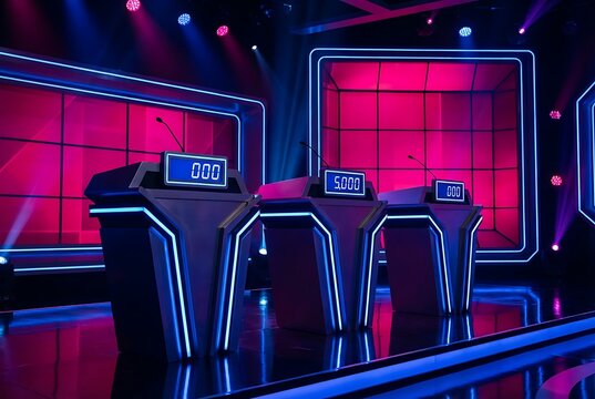 Quiz show studio podiums with glowing neon blue lights and purple grid background in futuristic design illuminated by stage spotlights.