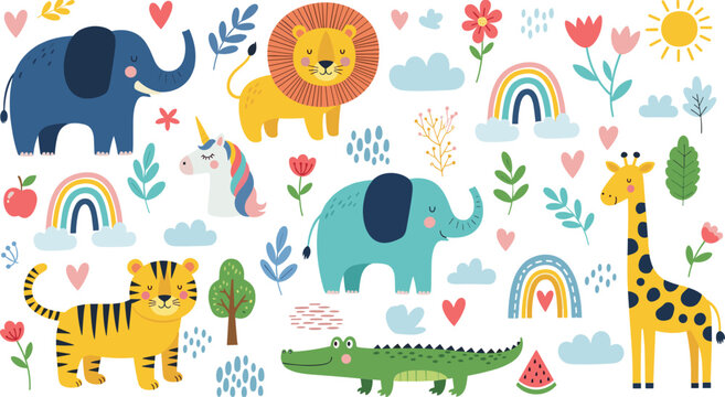 Cute hand drawn baby animal collection with lion, elephant, giraffe, tiger and crocodile for nursery decor, kids wallpaper and greeting cards