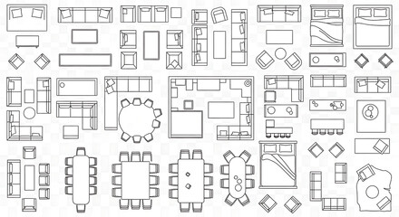 Obraz premium Interior design layout elements furniture and decor top down view transparent background.