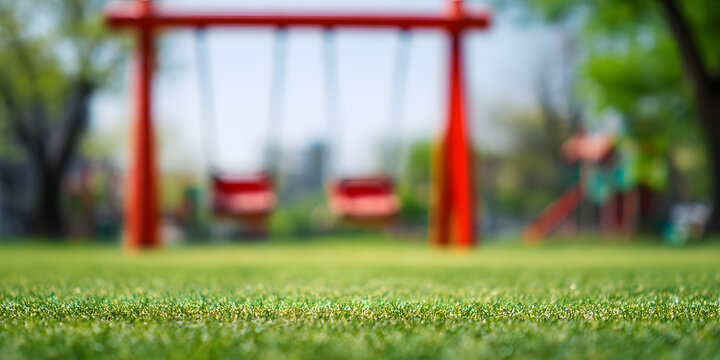 Blurred view of empty swings in a sunny green park