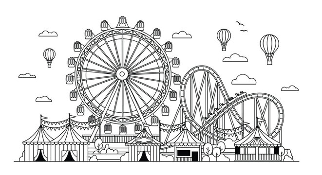 Intricate black and white line art depicts a bustling amusement park with a ferris wheel, roller coaster, circus tents, and hot air balloons.