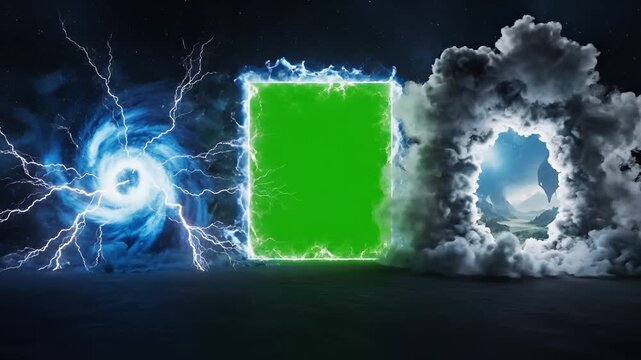 Mysterious Green Screen Portal with Electric Energy and Smoke Effects.